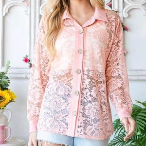 New Pink/peach see through lace button up blouse. Size medium. Brand HeimishUSA